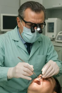 Dentist wearing magnifying loupes and gloves performing a dental procedure on a patient in a modern clinical setting.